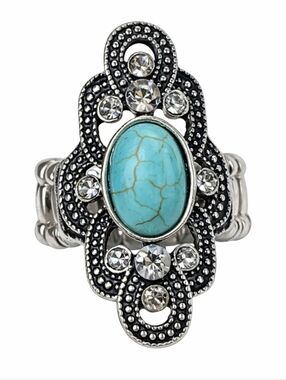 Vintage Style Faux Turquoise Rhinestone Stretch Ring Silver Tone Western Boho